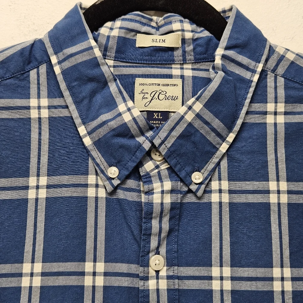 J.Crew Slim Fit Button Down Long Sleeve Shirt XL Blue Plaid Cotton Shirting